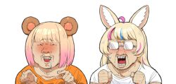 Rule 34 | 2girls, ahoge, animal ears, bear ears, bear girl, blonde hair, blush, clenched hands, drooling, facial hair, fennec fox, fox ears, fox girl, glasses, highres, hololive, long hair, man face, momosuzu nene, multicolored hair, multiple girls, mustache, nose blush, okunin, omaru polka, open mouth, orange shirt, pervert, pointing, pointing at another, saliva, shirt, short hair, snot, sweat, ugly man, white background, white shirt