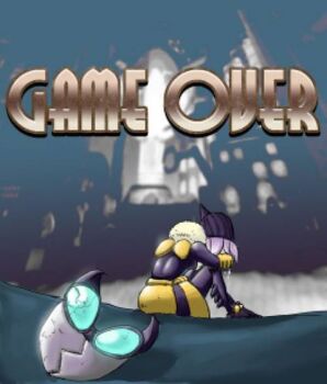 1girl artist_request bodysuit female_focus game_over game_over_screen hive_(skullgirls) mask purple_hair short_hair skullgirls solo