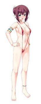 1girl anklet aoi_masami areola_slip armlet asamiya_minami barefoot blush bracelet breasts choker covered_erect_nipples earrings full_body game_cg hair_bun hands_on_own_hips highres jewelry large_breasts large_variant_set looking_at_viewer navel non-web_source nose_blush official_art open_mouth purple_eyes red_hair short_hair slingshot_swimsuit solo standing swimsuit transparent_background ts_magical_girl_nao variant_set
