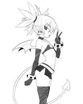 1girl arm_behind_back armpit_crease augusketchs bat_wings black_gloves black_thighhighs bracelet choker demon_girl demon_tail demon_wings disgaea earrings elbow_gloves etna_(disgaea) flat_chest gloves groin hair_between_eyes highres jewelry loli looking_at_viewer looking_to_the_side makai_senki_disgaea medium_hair mini_wings miniskirt monochrome navel o-ring o-ring_choker o-ring_collar open_mouth pear-shaped_figure pointy_ears short_twintails sidelocks simple_background sketch skindentation skirt skull_earrings solo tail thick_thighs thighhighs thighs tongue tongue_out twintails v white_background wings