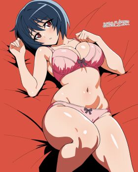 Rule 34 | 1girl, absurdres, black hair, bow, bow bra, bow panties, bra, brave witches, breasts, commentary request, dated, highres, large breasts, looking at viewer, lying, navel, on back, panties, parted lips, pink bra, pink panties, red eyes, shimohara sadako, short hair, solo, twitter username, underwear, underwear only, unkai daraku, world witches series