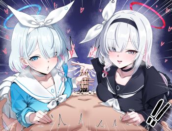 1boy 2girls absurdres alternate_breast_size_(larger) arona_(blue_archive) assertive_female bar_censor blue_archive blue_eyes blue_hair blush braid breasts breath censored clothed_female_nude_male colored_inner_hair cooperative_handjob cum ejaculation erection ffm_threesome glansjob grey_hair group_sex hair_over_one_eye halo handjob heart hetero highres long_hair long_sleeves looking_at_viewer male_pubic_hair multicolored_hair multiple_girls nude open_mouth penis pink_hair plana_(blue_archive) pov pubic_hair sailor_collar school_uniform serafuku single_braid smile speech_bubble teamwork_(sexual) threesome two-tone_hair variant_set white_sailor_collar woo_(woosan)