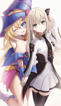 Rule 34 | 2girls, absurdres, aqua eyes, bare shoulders, black necktie, black thighhighs, blonde hair, blue boots, blush, boots, breasts, cleavage, closed mouth, collarbone, collared shirt, commentary request, dark magician girl, detached collar, duel monster, gem, green eyes, hair between eyes, hat, highres, holding hands, large breasts, long hair, looking at viewer, medium breasts, multiple girls, necktie, one eye closed, pink skirt, pleated skirt, red gemstone, shirt, simple background, skirt, sky striker ace - raye, smile, thighhighs, user purg4332, very long hair, white background, white shirt, white skirt, wizard hat, yu-gi-oh!