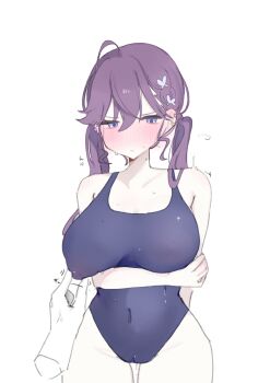 1girl bare_shoulders blue_eyes blush closed_mouth covered_erect_nipples covered_navel highres kotatuneko15 one-piece_swimsuit original pov pov_hands purple_hair simple_background swimsuit thighs twintails