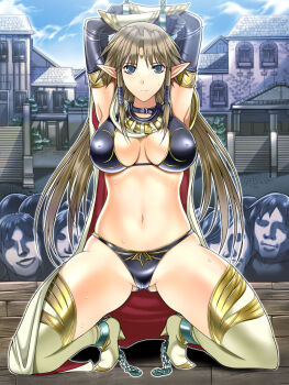 1girl 6+boys armor armpits bdsm bikini_armor blonde_hair blue_eyes bondage bound breasts chain cleavage collar elbow_gloves elf gloves high_heels humiliation kneeling large_breasts multiple_boys navel original outdoors pointy_ears princess sasana seravis_arthrea sexual_objectification shoes slave solo_focus spread_legs sweat thighhighs you_gonna_get_raped