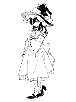Rule 34 | 1girl, absurdres, ascot, back bow, bow, commentary request, crossed arms, detached sleeves, frilled shirt collar, frills, full body, greyscale, hakurei reimu, hat, hat bow, high heels, highres, monochrome, natsume (menthol), open mouth, shirt, shoes, sideways glance, skirt, socks, solo, touhou, white background, witch hat