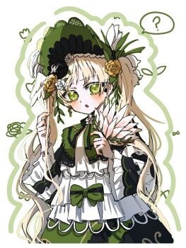 1girl ? black_flower black_rose blonde_hair bonnet bow commentary cowboy_shot dress flower frilled_dress frilled_sleeves frills green_bonnet green_bow green_dress green_eyes hair_flower hair_ornament hand_fan highres holding holding_fan kimburgertwo lolita_fashion long_hair long_sleeves looking_at_viewer mahou_shoujo_no_majo_saiban open_mouth rose solo spoken_question_mark symbol-only_commentary tono_hanna twintails white_background white_flower white_rose yellow_flower yellow_rose