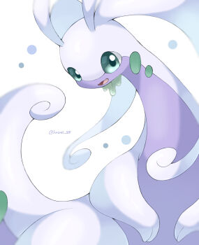 Rule 34 | commentary request, gen 6 pokemon, goodra, green eyes, highres, iwasi 29, nintendo, no humans, open mouth, pokemon, pokemon (creature), pokemon focus, simple background, smile, solo, twitter username, white background