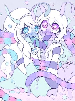 2girls aqua_skin artist_request blush brain_injection colored_skin dress ear_insertion eyewear_on_head glasses graphite_(medium) heart heart-shaped_pupils hood hoodie lavender_skin long_hair monster_girl multiple_girls rolling_eyes round_eyewear short_hair simple_background star-shaped_pupils star_(symbol) symbol-shaped_pupils tentacles tongue tongue_out traditional_media white_hair yuri