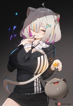 1girl :3 ahoge animal_ear_piercing animal_ears black_necktie black_skirt black_sweater blonde_streaks blue_streaks breasts collared_shirt colored_inner_hair fang greatodoggo grey_background grey_eyes grey_hair hair_ornament hair_over_one_eye hairclip hand_up highres holding hololive large_breasts lion_ears lion_girl lion_tail looking_at_viewer miniskirt multicolored_hair necktie purple_hair red_streaks shirt shishiro_botan short_hair short_necktie simple_background skirt solo ssrb_(shishiro_botan) sweater tail v-neck virtual_youtuber white_shirt x_hair_ornament