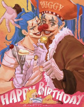 1boy blonde_hair blue_eyes blue_hair bone brown_coat buggy_the_clown cake character_name cheek-to-cheek cherry clown clown_nose coat commentary dated devil_fruit_power disembodied_hand dual_persona ear_piercing earrings food food_on_face fork fruit fur-trimmed_coat fur_trim gloves gradient_background hand_rest hand_up happy_birthday hat heads_together high_ponytail highres holding holding_fork holding_knife holding_microphone jewelry jitome knee_up knife lipstick long_hair looking_to_the_side makeup male_focus microphone mixed-language_commentary one_piece one_piece_(live_action) orange_hat outstretched_leg pants piercing pirate_hat ponytail red_lips shirt short_sleeves sideways_glance striped_clothes striped_shirt thumbs_up twitter_username v vamos_mk white_fur white_gloves white_shirt wide_sleeves yellow_pants