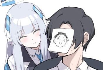 1boy 1girl behind_another black_hair blue_archive blue_halo blue_necktie blush closed_eyes collared_shirt doodle_sensei_(blue_archive) hair_ornament halo jacket long_hair looking_back necktie nervous_sweating noa_(blue_archive) paper_on_head reia_76 sensei_(blue_archive) sensei_(blue_archive_the_animation) shirt short_hair sidelocks smile sweat white_background white_hair white_halo white_jacket white_shirt
