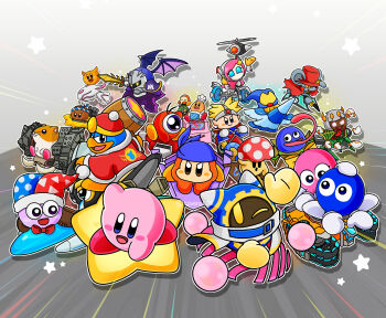 absurdres apron bandana bandana_waddle_dee battle_chariot_star blonde_hair blue_bandana blue_cape blue_eyes blush_stickers bow bowtie bulk_star cape cappy_(kirby) chariot_(kirby) chef_hat chef_kawasaki commentary_request daroach everyone gooey_(kirby) grey_hair hammer hamster hat highres holding holding_hammer holding_sword holding_weapon hop_star horns jet_star king_dedede kirby kirby_(series) kirby_air_ride kirby_air_riders knuckle_joe lalala_(kirby) lololo_(kirby) magolor marx_(kirby) meta_knight motion_lines nejiri_hachimaki nintendo open_mouth paper_star_(kirby) pink_hair purple_eyes red_bow red_bowtie rex_wheelie rick_(kirby) rocket_star rocky_(kirby) scarfy shadow_star slick_star speed_lines starman_(kirby) susie_(kirby) swerve_star sword tank_star taranza tongue tongue_out towara6316 transform_star turbo_star waddle_dee waddle_doo wagon_star warp_star weapon wheelie_(kirby) wheelie_scooter wing_star yellow_bow