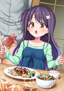 1boy 1girl blue_dress butter_knife censored commission cum cum_on_food dress erection fork gokkun hetero highres hisakabe_oto holding holding_fork holding_knife knife loli long_hair male_masturbation masturbation mosaic_censoring one_side_up open_mouth penis pinafore_dress purple_hair salad sitting skeb_commission sleeveless sleeveless_dress table yellow_eyes