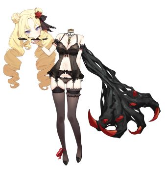 Rule 34 | 1girl, absurdres, arm garter, babydoll, bare shoulders, between breasts, black babydoll, black choker, black panties, blonde hair, blue eyes, braid, breasts, brown thighhighs, choker, claws, cleavage, commission, disembodied head, double bun, dullahan, flats, frilled thigh strap, full body, garter belt, hair bun, highres, holding, holding detached head, large breasts, leg ribbon, lingerie, long hair, looking at viewer, navel, nogong, original, panties, ribbon, simple background, skindentation, solo, spaghetti strap, stomach, thigh strap, thighhighs, tray, twin braids, twintails, underwear, underwear only, very long hair, white background