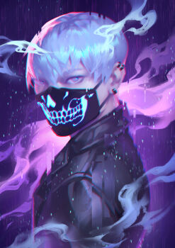 1boy black_mask choppy_bangs commentary contemporary double-parted_bangs ear_piercing english_commentary from_side glitch grey_eyes grey_hair highres looking_at_viewer lydialing_draws male_focus mask mouth_mask piercing print_mask purple_background short_hair smoke solo teeth_print teeth_print_mask the_ink_apprentice upper_body very_short_hair