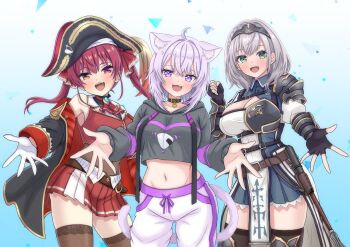 Rule 34 | 3girls, a5hio, absurdres, animal ears, black coat, black dress, black gloves, black hat, black hoodie, black thighhighs, breasts, cat ears, cat girl, cat tail, cleavage, coat, commentary request, cropped jacket, dress, fingerless gloves, gloves, green eyes, grey hair, hair ribbon, hat, highres, hololive, hood, hoodie, houshou marine, houshou marine (1st costume), jacket, large breasts, multiple girls, nekomata okayu, nekomata okayu (1st costume), open mouth, outstretched arm, pirate hat, purple eyes, purple hair, red jacket, red ribbon, ribbon, shirogane noel, shirogane noel (1st costume), sleeveless, sleeveless jacket, smile, tail, thighhighs, twintails, virtual youtuber, white gloves, white thighhighs