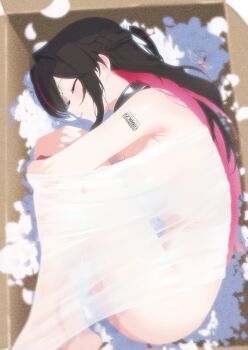 1girl azki_(hololive) black_collar black_hair box braid closed_eyes cohi27151463 collar colored_inner_hair completely_nude fetal_position hair_ornament half_up_braid highres hololive hugging_own_legs in_box in_container long_hair lying multicolored_hair nude on_side pink_hair shoulder_tattoo sleeping solo tattoo two-tone_hair unworn_hair_ornament virtual_youtuber wrapped_up
