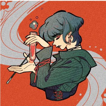 1girl 3itches black_dress black_hair black_lips black_nails chinese_commentary closed_eyes commentary_request dress earrings holding holding_test_tube jewelry profile short_hair sidelocks smoke solo striped_clothes striped_dress test_tube tina_(3itches) tweetyq1961 vertical-striped_clothes vertical-striped_dress