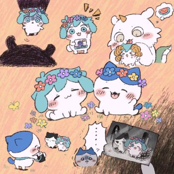 >_< ... 2boys 3others :3 anoko_(chiikawa) antenna_hair basil_(headspace)_(omori) basil_(omori) camera character_name chiikawa closed_eyes closed_mouth crying double-parted_bangs fangs flower flower_wreath green_eyes green_hair hachiware_(chiikawa) hair_between_eyes head_wreath holding holding_camera holding_photo horns licking licking_another's_head multiple_boys multiple_others omori omori_(omori) open_mouth photo_(object) short_hair single_horn something_(omori) speech_bubble spoken_ellipsis spoken_food sun_iiinu thought_bubble tongue tongue_out