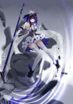 Rule 34 | 1girl, absurdres, ahoge, black hair, blue eyes, blue hair, boots, breasts, detached sleeves, dress, flower, gloves, hair flower, hair ornament, highres, holding, holding scythe, honkai (series), honkai impact 3rd, hui night, medium breasts, multicolored hair, panties, scythe, seele vollerei, seele vollerei (stygian nymph), short hair, solo, thighhighs, thighs, two-tone hair, underwear, white boots, white dress, white gloves, white panties, white thighhighs, zettai ryouiki