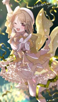 1girl ;d absurdres alternate_costume beret bloomers blurry blurry_background blush bow brown_hair commentary_request frilled_bloomers gloves hashtag hat hat_bow highres leg_up looking_at_viewer love_live! love_live!_nijigasaki_high_school_idol_club nakasu_kasumi nyako_(utaneko31) one_eye_closed open_mouth over-kneehighs pointing pointing_at_viewer shirt short_hair smile solo teeth thighhighs underwear upper_teeth_only white_bloomers white_gloves white_hat white_shirt white_thighhighs yellow_bow