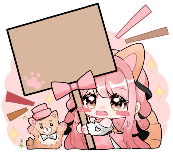 +++ 1girl animal animal_ears arm_cutout bare_shoulders belt black_belt black_bow black_ribbon blunt_bangs blush_stickers bow bow_choker bowtie braid brown_eyes chibi chinese_commentary choker clothed_animal clothing_cutout commentary_request cropped_legs dog dog_ears dog_girl dog_tail eyelashes fang frilled_shirt frilled_sleeves frills hair_bow hair_intakes hair_ribbon highres holding holding_sign infinity_nikki kemonomimi_mode layered_skirt long_hair long_sidelocks long_sleeves low_twin_braids motion_lines nikki_(nikki) nikki_(series) nitoboane notice_lines off-shoulder_shirt off_shoulder open_mouth perfect_start_(infinity_nikki) pink_background pink_bow pink_bowtie pink_choker pink_hair pink_skirt ribbon shirt sidelocks sign skirt smile sparkle tail tareme textless_version tress_ribbon twin_braids two-tone_background very_long_hair white_background white_shirt