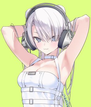1girl :3 animal_ears armpits arms_up bare_arms bear_ears bear_girl belt blue_eyes bodice breasts chest_belt choker cleavage eyes_visible_through_hair hair_between_eyes hair_flowing_over headphones highres kuma_4go long_hair medium_breasts mole mole_under_mouth original shirt skindentation solo strap upper_body white_choker white_hair white_shirt