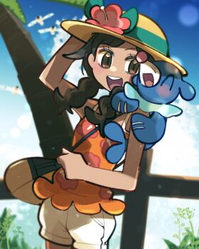 1girl :d ^_^ bad_tag bag black_hair blue_fur brown_eyes closed_eyes floral_print flower gen_3_pokemon gen_7_pokemon hat hat_flower helmet highres looking_at_another nintendo on_shoulder open_mouth orange_tank_top outdoors palm_tree pokemon pokemon_(creature) pokemon_on_shoulder pokemon_usum popplio red_flower sea_lion selene_(pokemon) shorts shoulder_bag smile sstoh standing sun_hat tank_top tree white_shorts wingull yellow_hat