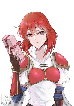 Rule 34 | 1girl, arm guards, armor, belt, box, breastplate, brown belt, brown gloves, closed mouth, commentary, dress, fingerless gloves, fire emblem, fire emblem: mystery of the emblem, fire emblem: shadow dragon and the blade of light, fire emblem heroes, gift, gloves, happy valentine, headband, highres, holding, holding box, holding gift, light smile, looking at viewer, medium hair, minerva (above the stars) (fire emblem), minerva (fire emblem), nintendo, official alternate costume, red armor, red eyes, red hair, short sleeves, sign, simple background, smile, solo, valentine, watermark, white dress, white headband, yori ilrosso