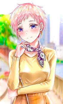 1girl alternate_hair_length alternate_hairstyle bag blue_eyes blurry blurry_background blush breasts building closed_mouth commentary earrings english_commentary eyelashes go-toubun_no_hanayome handbag highres hoop_earrings jewelry long_sleeves nakano_ichika neckerchief outdoors pink_hair shirt short_hair smile solo third-party_source tree upper_body very_short_hair yahalashin yellow_shirt