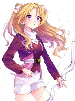 1girl :o blonde_hair blush bow_(weapon) commentary_request dino_buckler female_focus hair_ribbon highres idolmaster idolmaster_cinderella_girls kakitsubata_zero kiryu_tsukasa_(idolmaster) kyouryuu_sentai_zyuranger long_hair ptera_ranger purple_eyes purple_shirt ribbon shirt shorts solo super_sentai two_side_up weapon white_background white_ribbon white_shorts