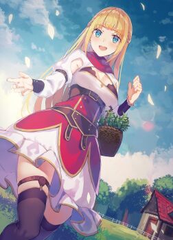 Rule 34 | 1girl, basket, blonde hair, blue eyes, blue sky, braid, brown thighhighs, cleavage cutout, clothing cutout, commentary request, day, dress, falling petals, half up braid, highres, long hair, long sleeves, official art, open mouth, outdoors, overskirt, petals, red overskirt, red scarf, rit (shin no nakama), scarf, second-party source, shin no nakama janai to yuusha no party wo oidasareta no de henkyou de slow life suru koto ni shimashita, sky, smile, solo, teeth, thigh strap, thighhighs, upper teeth only, white dress, yasumo (kuusouorbital)