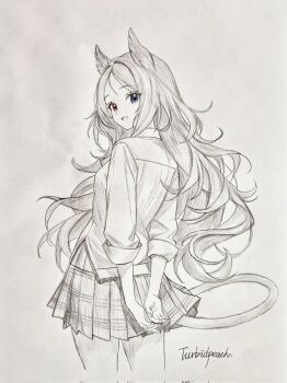 1girl :d animal_ears archetto_(arknights) arknights arms_behind_back artist_name blue_eyes commentary corrupted_twitter_file cropped_legs graphite_(medium) greyscale hatching_(texture) heterochromia highres linear_hatching long_hair looking_at_viewer miniskirt monochrome open_mouth pleated_skirt red_eyes shirt skirt sleeves_rolled_up smile solo spot_color standing tail traditional_media turbidpeachzz turning_head