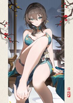 1boy 1girl barefoot black_hair branch breasts dna dress earrings feet green_dress green_eyes highres holding_feet honkai:_star_rail honkai_(series) jewelry kongtoulaotou large_breasts long_hair necklace pearl_necklace pov pov_hands ruan_mei_(honkai:_star_rail) sitting thigh_strap thighs toes very_long_hair
