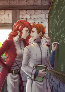 Rule 34 | 1boy, 1girl, absurdres, arm behind back, book, chalk, chalkboard, commentary, dress, fire emblem, fire emblem: path of radiance, flower, green eyes, hetero, highres, holding, holding book, holding flower, nintendo, orange eyes, orange hair, red dress, red hair, rhys (fire emblem), smile, titania (fire emblem), tsukkimin