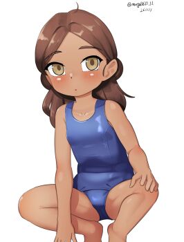 1girl absurdres barefoot blue_one-piece_swimsuit brown_eyes brown_hair commentary_request dark-skinned_female dark_skin double_bun flat_chest hair_bun highres kantai_collection maru_(marg0613) old_school_swimsuit one-hour_drawing_challenge one-piece_swimsuit parted_bangs school_swimsuit simple_background solo squatting swimsuit thonburi_(kancolle) white_background