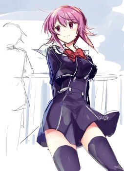 1boy 1girl chaos;child cowboy_shot cropped_jacket hekiho_academy_school_uniform miyashiro_takuru non-web_source onoe_serika pink_eyes pink_hair rotte_(1109) school_uniform science_adventure short_hair skirt smile standing thighhighs zettai_ryouiki