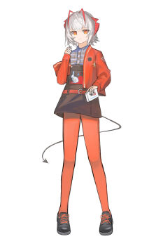 1girl absurdres antenna_hair arknights belt black_shoes black_skirt black_tail blue_shirt closed_mouth da_hulu_de_naiyou expressionless full_body grey_hair hand_up high-waist_skirt highres holding jacket long_sleeves looking_at_viewer multicolored_hair open_clothes open_jacket orange_belt orange_eyes orange_jacket orange_pantyhose pantyhose plaid_clothes plaid_shirt shirt shoes short_hair simple_background skirt solo split_mouth standing streaked_hair tail w_(arknights) white_background