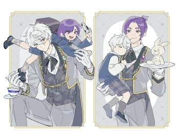 backpack bag ballro black_shoes blue_lock bow butler child cup grey_pants high_ponytail highres holding holding_plate mikage_reo nagi_seishirou pants patterned_clothing plate ponytail school_uniform shoes shorts socks stuffed_toy teacup vest white_background