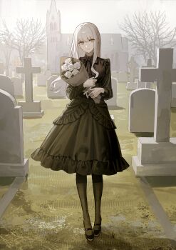 1girl absurdres bare_tree black_dress black_pantyhose black_shoes bouquet church cross dress flower frilled_dress frills full_body grave graveyard grey_sky highres holding holding_bouquet long_hair long_sleeves looking_at_viewer mary_janes original outdoors pale_skin pantyhose rose shoes sky standing straight-on tamitami tombstone tree white_flower white_hair white_rose yellow_eyes