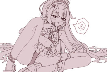 1girl amaton707 anklet bare_shoulders bikini blush female_tyrant_(stella_sora) frilled_bikini frills hair_ornament hairband jewelry long_hair looking_at_viewer monochrome navel open_mouth pointy_ears ponytail sandals simple_background solo spoken_squiggle spread_legs squiggle star_(symbol) star_hair_ornament stella_sora swimsuit tyrant_(stella_sora) very_long_hair white_background