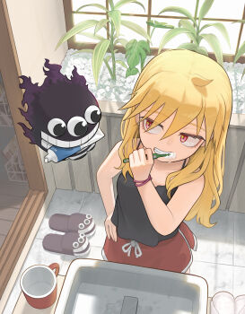 1girl absurdres black_camisole blonde_hair bracelet brushing_teeth camisole cup extra_eyes from_above gabriel_(yomi_no_tsugai) gabu_(yomi_no_tsugai) gugugong hair_down hand_on_own_hip highres jewelry long_hair looking_at_another mug plant potted_plant red_eyes red_skirt sink skirt slippers toothbrush toothbrush_in_mouth toothpaste yomi_no_tsugai