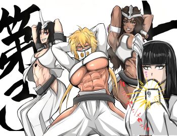 4girls abs armlet arms_behind_head arrancar black_hair bleach blonde_hair breasts brown_hair colored_eyelashes covering_own_mouth cropped_jacket dark-skinned_female dark_skin emilou_apacci espada facial_mark franceska_mila_rose green_eyes hair_ornament heterochromia highres holding holding_phone hollow_hole japanese_text jewelry large_breasts long_hair medium_hair multiple_girls phone shiny_skin simple_background small_breasts soyuz001 taking_picture tier_harribel toned toned_female white_background