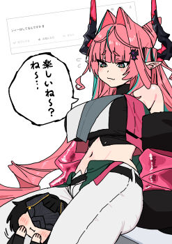 2girls absurdres andii_(anzai_teachco) arknights arknights:_endfield bare_shoulders black_hair blue_eyes blush commentary_request crop_top detached_sleeves dragon_girl dragon_horns endministrator_(arknights) eye_mask female_endministrator_(arknights) hair_intakes highres horns long_hair mask multicolored_hair multiple_girls pants pink_hair pointy_ears short_hair streaked_hair tight_clothes tight_pants translation_request white_background white_pants yvonne_(arknights)