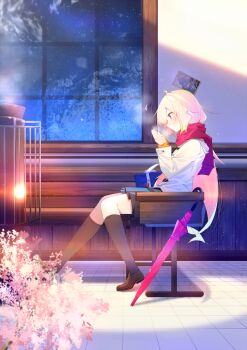 1girl ahoge benio_(dontsugel) black_skirt black_socks blonde_hair blue_bag brown_shoes enpera from_side full_body highres indoors jacket kneehighs long_hair long_sleeves night night_sky original pink_eyes pleated_skirt red_scarf red_umbrella scarf shoes sitting skirt sky socks solo star_(sky) starry_sky stove thighhighs tile_floor tiles umbrella very_long_hair waiting_room warming_hands white_jacket window zettai_ryouiki