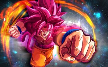 1boy abs absurdres clenched_hands cowboy_shot dragon_ball dragon_ball_daima highres long_hair male_focus medium_hair muscular muscular_male open_mouth orange_pants pants red_eyes red_hair red_tail solo son_goku spiked_hair super_saiyan super_saiyan_4 topless_male yuuri_(fukuroudou)