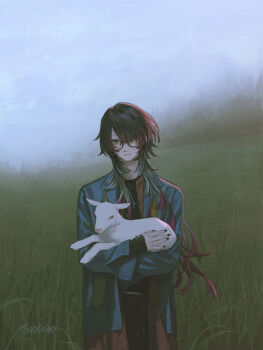 Rule 34 | 1boy, absurdres, animal, baby animal, belt, black nails, commentary request, commission, expressionless, floating hair, fog, glasses, grass, green hair, highres, hill, holding, holding animal, jacket, lamb, layered clothes, layered shirt, long hair, looking at viewer, male focus, multicolored hair, nail polish, open clothes, open jacket, original, outdoors, overcast, red hair, rit3set, sheep, skeb commission, sky, tall grass, wind, wolf cut