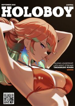 1girl absurdres armpits arms_up bikini black_background breasts character_name cover earrings english_text fake_magazine_cover feather_earrings feathers gradient_hair highres hololive hololive_english jewelry large_breasts long_hair looking_at_viewer magazine_cover multicolored_hair orange_hair playboy purple_eyes qr_code simple_background solo swimsuit takanashi_kiara takokatsu tying_hair virtual_youtuber