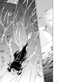 Rule 34 | 1girl, armlet, bird, bracelet, cloud, cloudy sky, dark-skinned female, dark skin, fins, greyscale, highres, jewelry, kajiyama hiroshi, long hair, mermaid, monochrome, monster girl, original, page number, partially submerged, pointy ears, river, rock, seagull, sky, solo, sound effects, sparkle, swimming, water